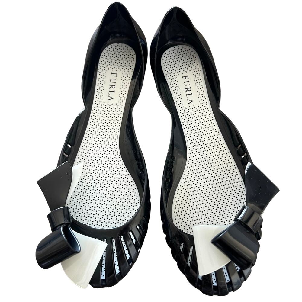 Furla Black Jelly Bow Flats Size 36 US 6 Peep Toe Cut Out Vamp Made in Italy